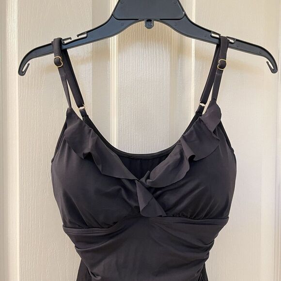 Lauren Ralph Lauren Black Ruffle One-Piece Swimsuit Beach Club Solids Size 14 - Picture 2 of 13